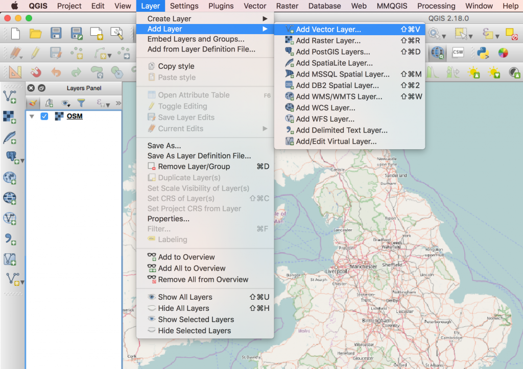 A Screenshot showing step one of a procedure to load data in QGIS – adding a new vector layer