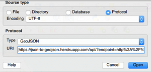 A Screenshot showing step two of a procedure to load data in QGIS – setting the source, type and adding the special link