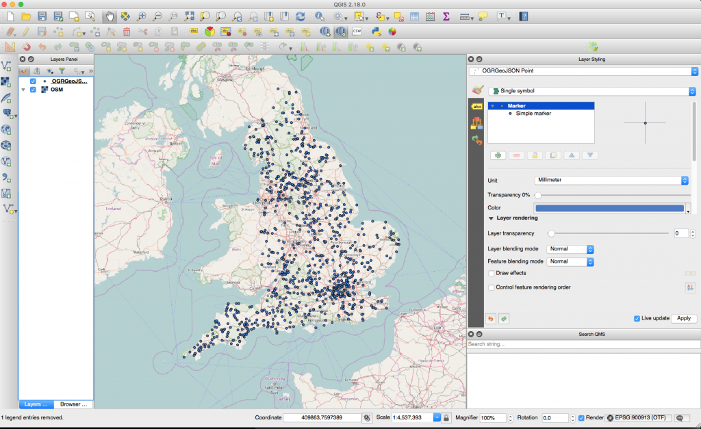 A Screenshot showing completed data loaded in QGIS following the previous two steps