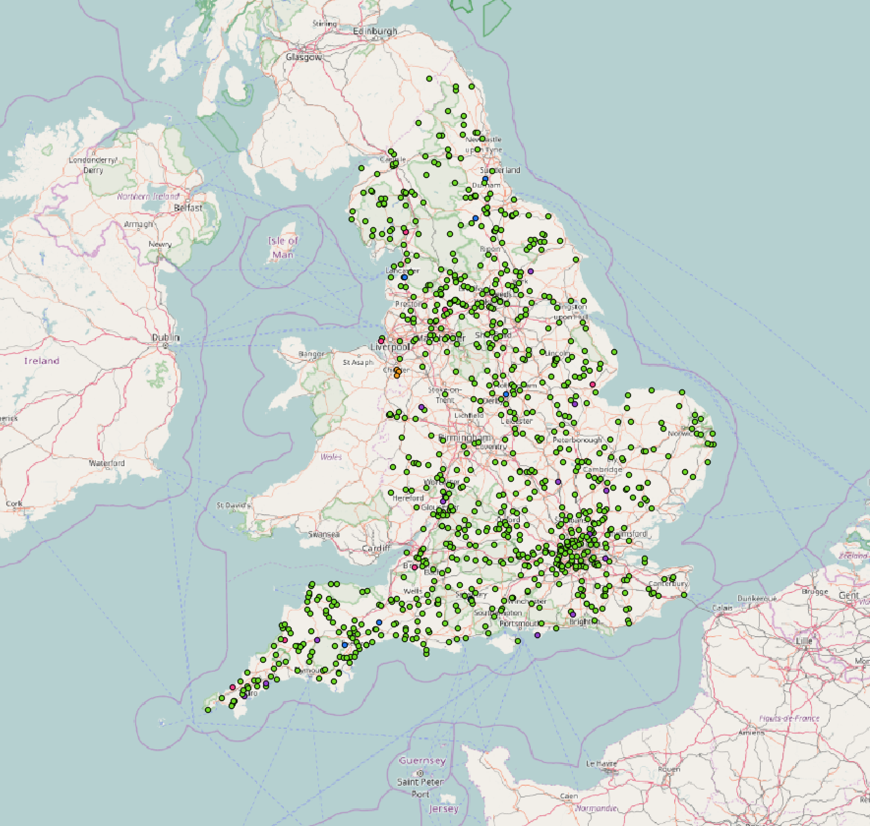 A map of the UK with coloured dots on it representing flood monitoring data stations