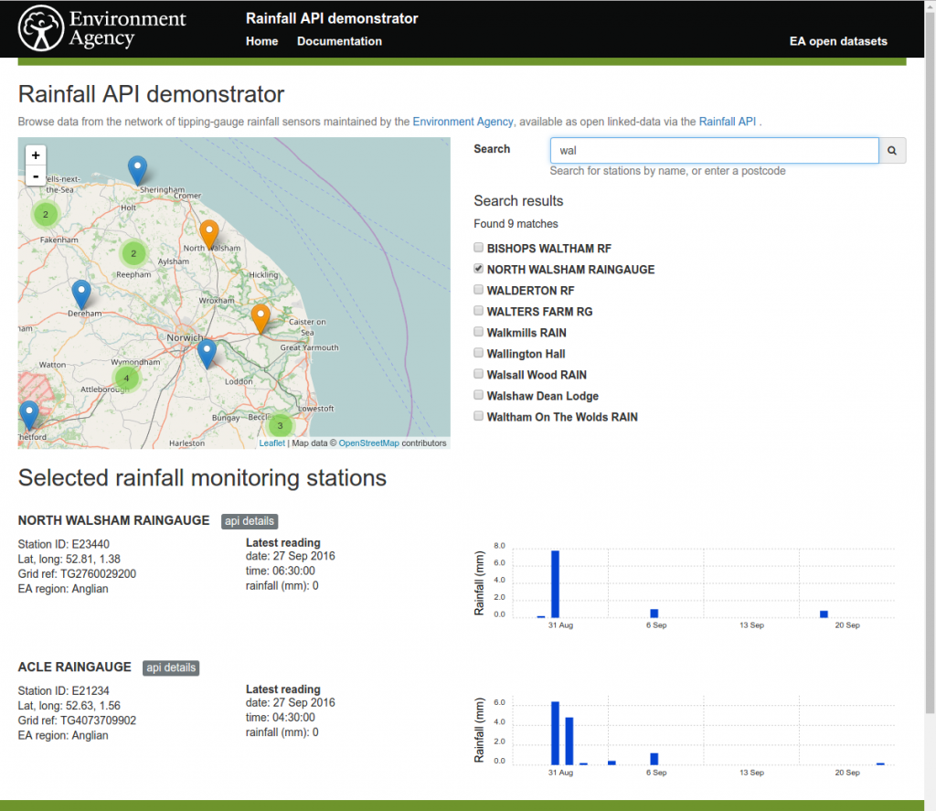Screenshot of the Rainfall API demo application