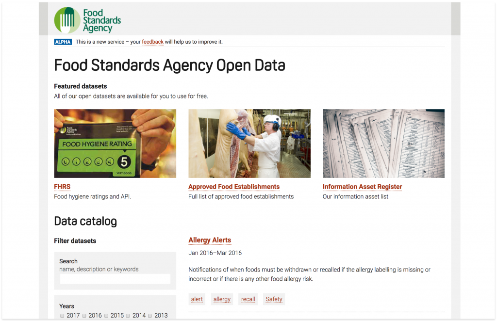 Screenshot from and link to the data.food.gov.uk alpha site