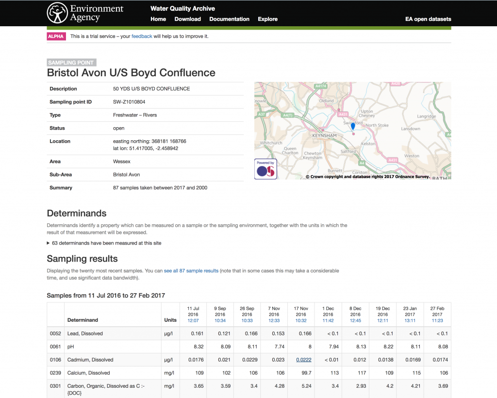 Screenshot from the Environment Agency website showing an update to the water quality data archive