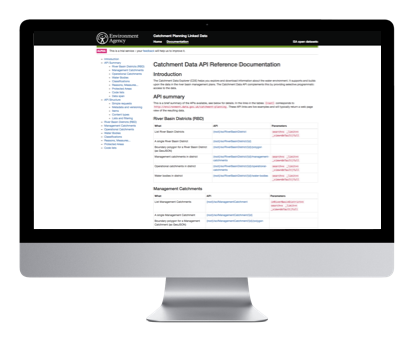 Screenshot of Catchment Data API Page and link to Environment Agency website