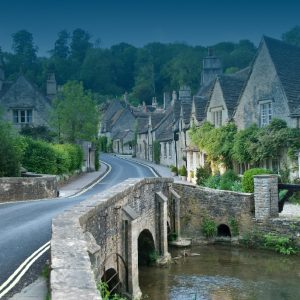 Stone bridge over river in a picturesque village