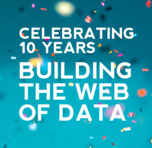 Celebrating 10 years building the web of data. Confetti in background