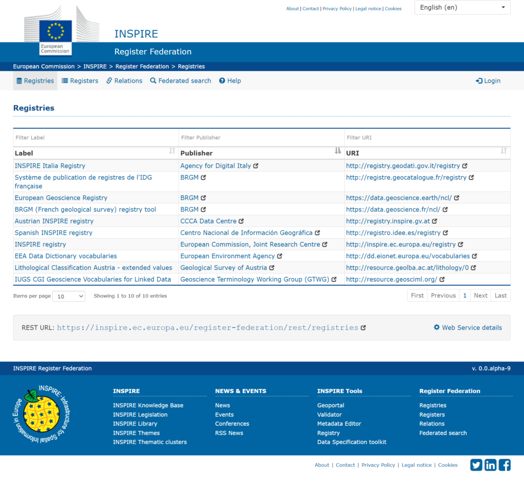 Screenshot of INSPIRE Register Federation homepage showing the default set of results including the BRGM (French geological survey) registry tool