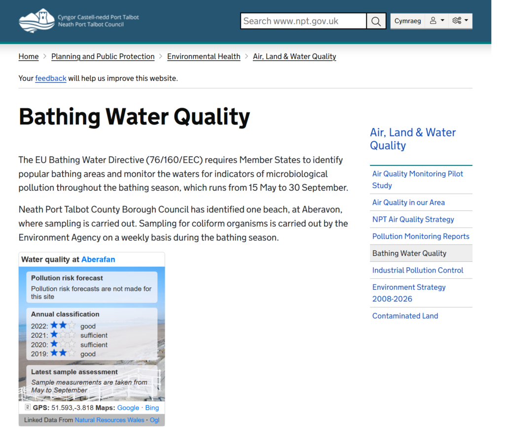 Screenshot of Neath Port Talbot Council's Bathing Water Quality webpage displaying the bathing water quality widget for Aberafan bathing water