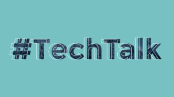 Decorative graphic - light cyan background with Tech Talk hashtag text in bold textured dark grey with offset white outline
