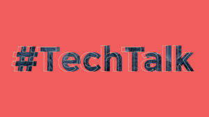 Decorative graphic - coral background with Tech Talk hashtag text in bold textured dark grey with offset white outline