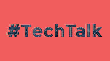 Decorative graphic - coral background with Tech Talk hashtag text in bold textured dark grey with offset white outline