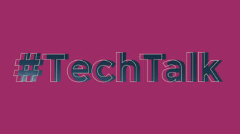 Decorative graphic - dark pink background with Tech Talk hashtag text in bold textured dark grey with offset white outline
