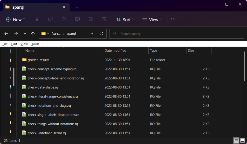 screenshot of MS Windows file explorer in dark mode, listing the folders and RQ files. The list includes folder and file names, data modified, type (file folder or RQ file) and size (that range from 2KB to 4KB).