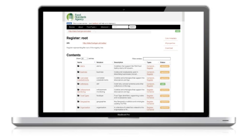 Screenshot displayed on an image of an open macbook pro screen. Screenshot of Food Standards Agency data.food.gov.uk/codes landing page. 