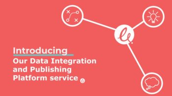 Decorative graphic - coral background with node and link graphic with Epimorphics swish icon in white as central node. White Text: introducing our data integration and publishing platform service