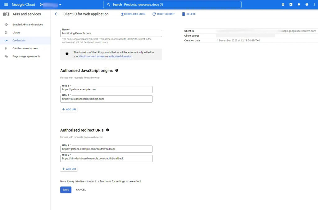 Screenshot of Google Cloud OAuth API setup - showing example setup configuration