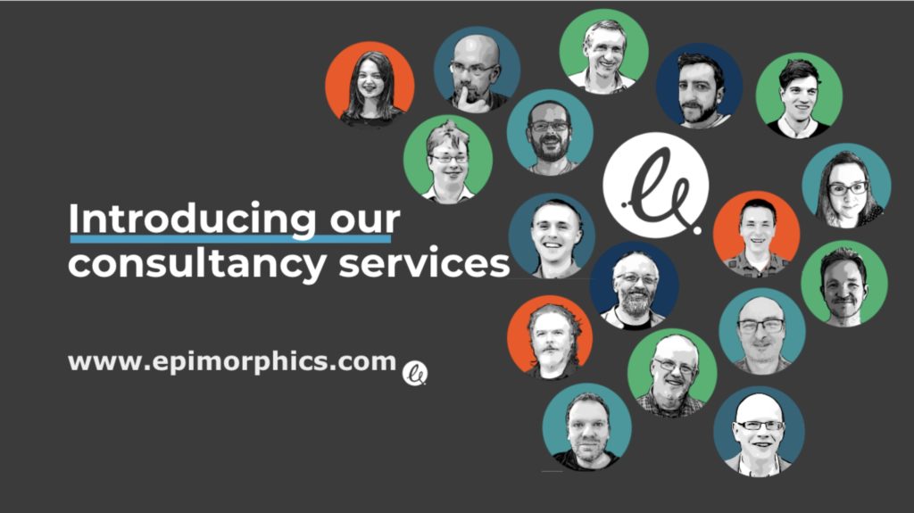 Decorative image with dark grey background. Centre left with a title text (in white) - introducing our consultancy services, underlined in blue. Underneath includes a link to our website and small Epimorphics icon. To the right is a small icon style collection of the team as headshots with a range of coloured backgrounds, collected around a white Epimorphics swish icon.