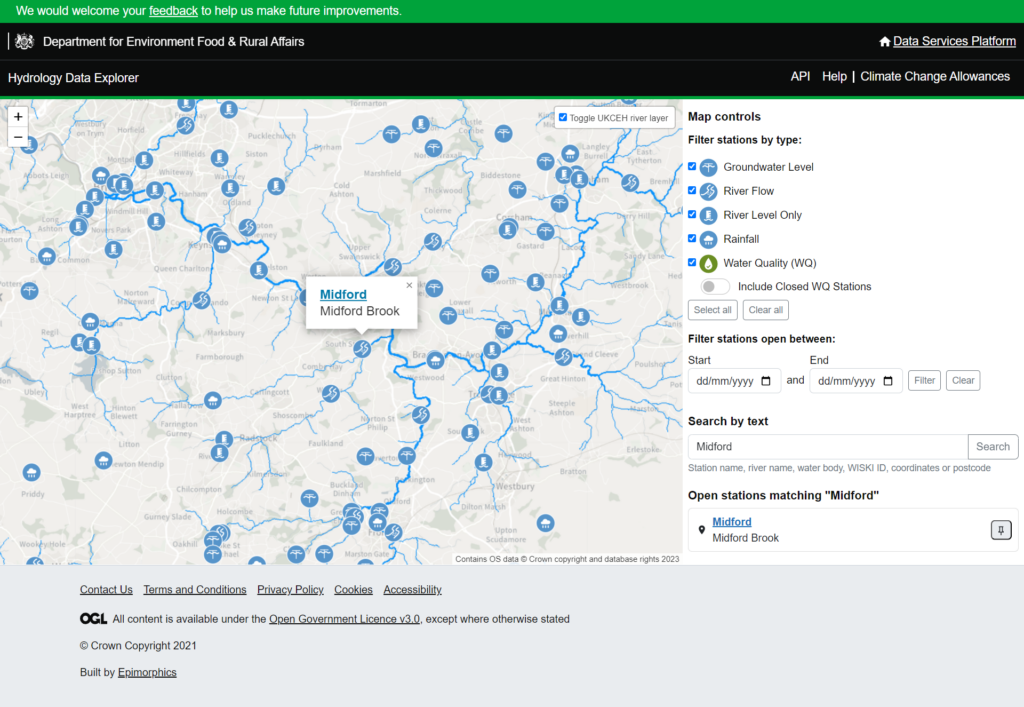 Screenshot from the Hydrology Data Explorer showing Midford station and surrounding stations on a map of the Bristol Avon area. The right hand third of the page has map filter and search controls. The rest of the page has a grey basemap of the area, with many blue icons indicating river flow, river level, groundwater level and rainfall sites.