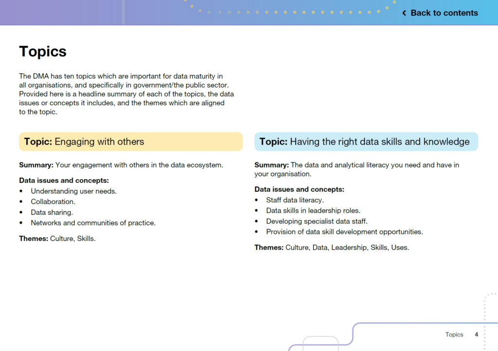 screenshot of page from page 4 of the Data Maturity Assessment document. It shows two topics (Engaging with others and ‘Having the right data skills and knowledge’] and their descriptions - including short summary, data issues and concepts and linked Themes. Instance of Engaging with others has Summary: Your engagement with others in the data ecosystem and, ‘Data issues and concepts’ of e.g. Understanding user needs, collaboration, Data sharing and Networks and communities of practice. Finally it has Themes of Culture and Skills