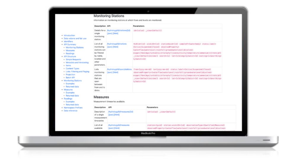 View of the Environment Agency Hydrology Service API Documentation page on the screen of a MacBook