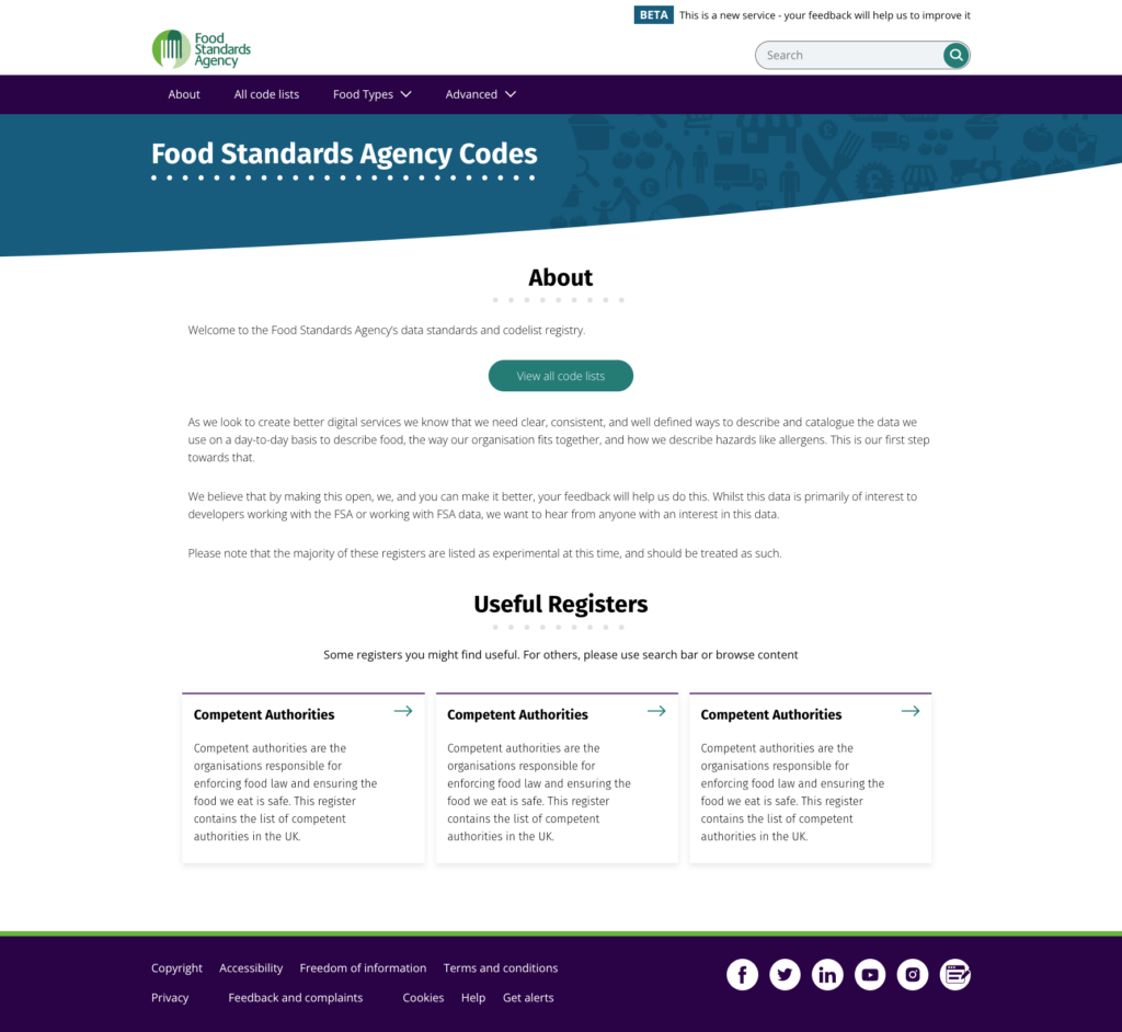 screenshot of the FSA Codes service about page with intro to the service and some highlighted registers