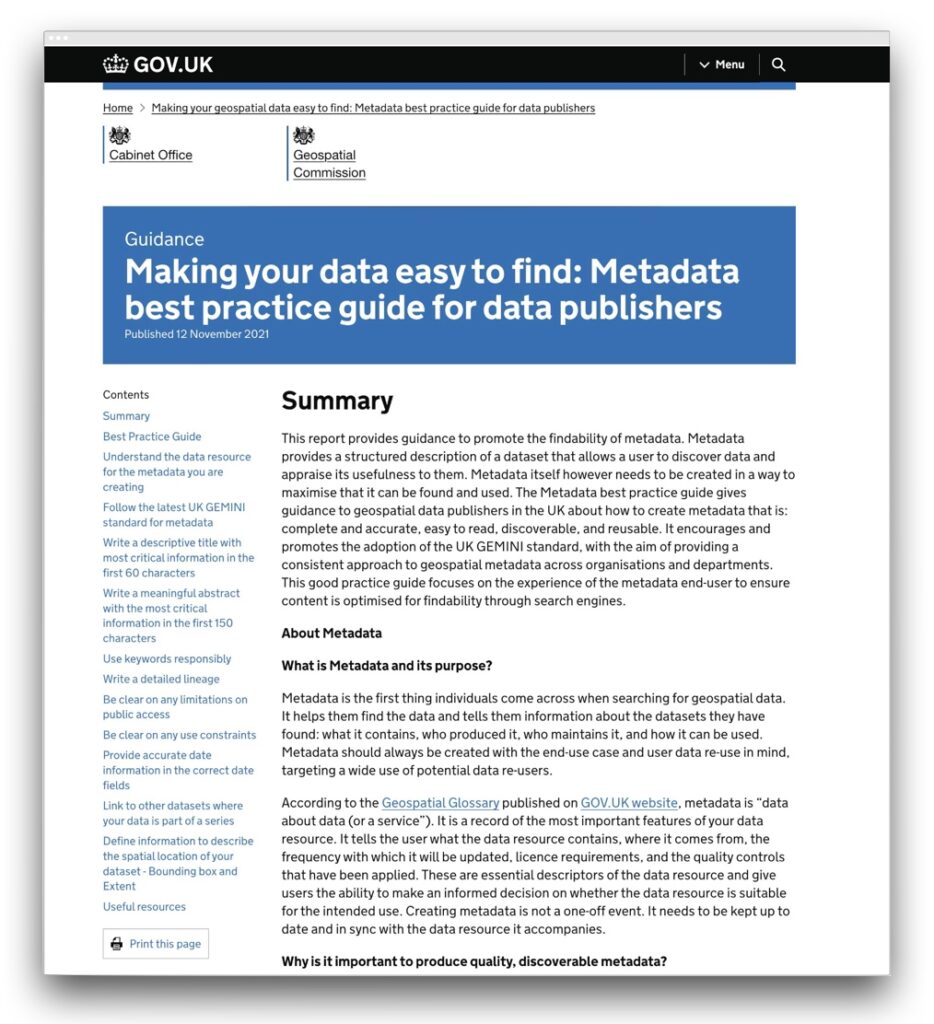 Screenshot of the data.gov.uk metadata guidance page
