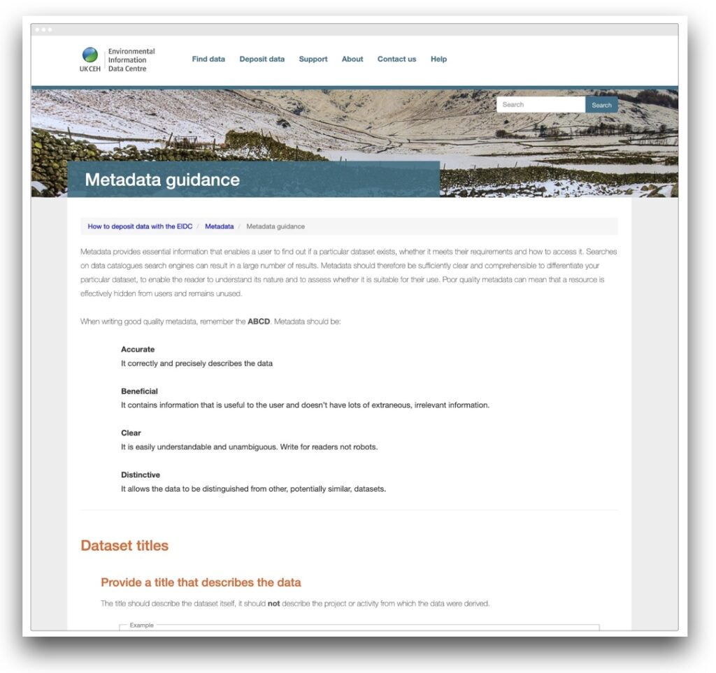 Screenshot of the Environmental Information Data Centre (EIDC) metadata guidance page