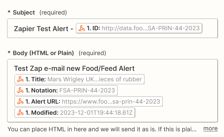 Zapier screenshot of the ‘Action’ fields used to populate the triggered e-mail, illustrating that the fields are populated from fields extracted by Zapier from the API response: ID, Title, Notation, Alert URL and Modified fields