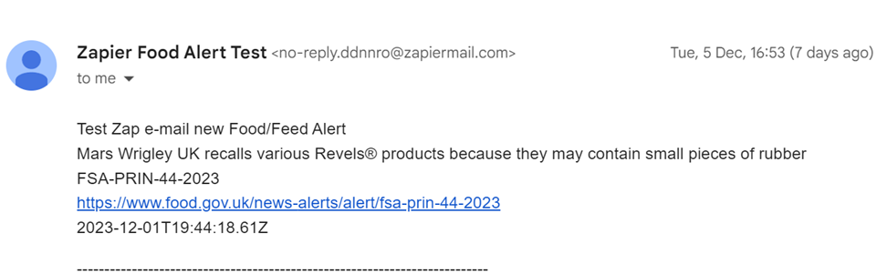 Screenshot of the e-mail received from the example Zap during testing