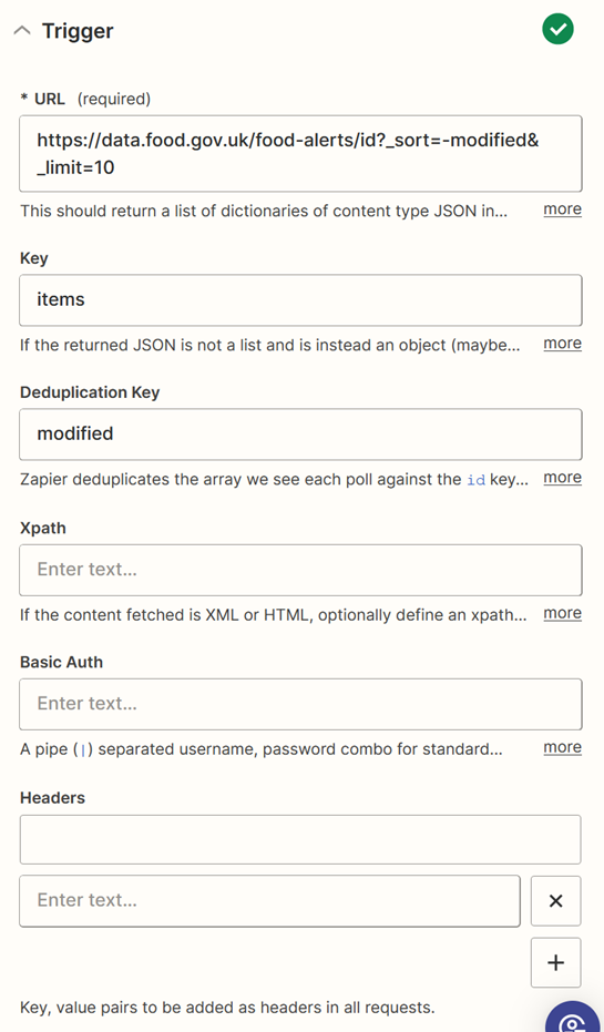 zapier screenshot of Trigger parameters: URL, Key, Deduplication key, Xpath, Basic Auth, Headers. In our example only URL, Key and Deduplication key are used
