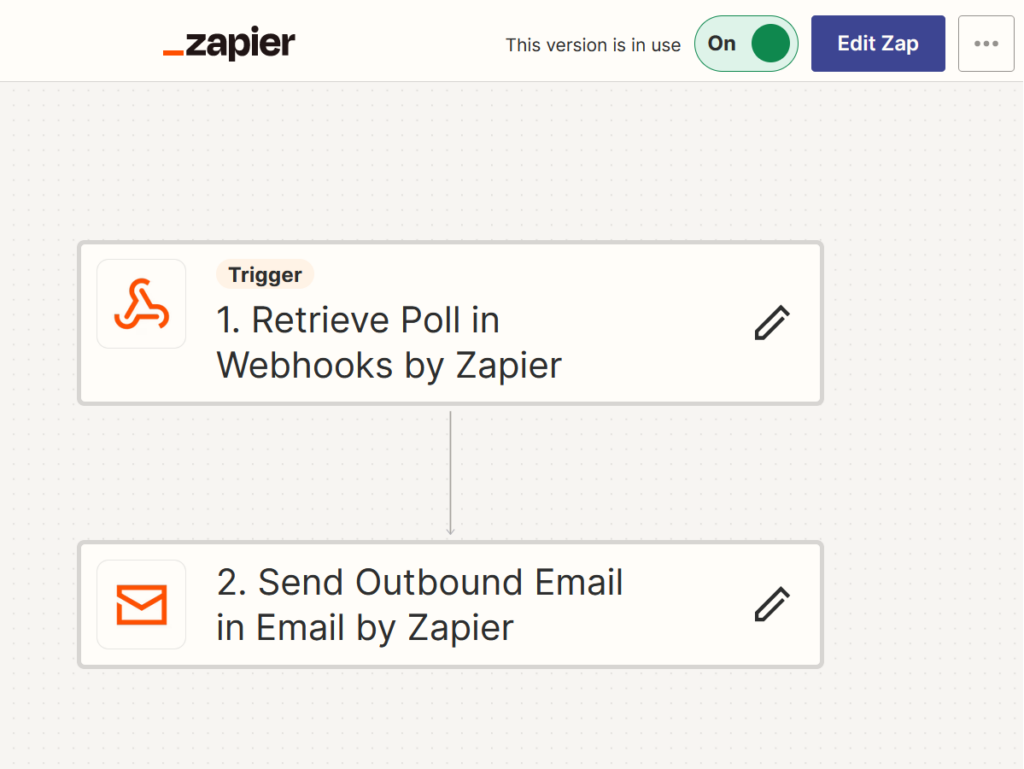 Screenshot of Zapier main User Interface for the Zap. One box for the Trigger (Retrieve Poll in Webhooks by Zapier) and one for the Action (Send Outbound Email in Email by Zapier).