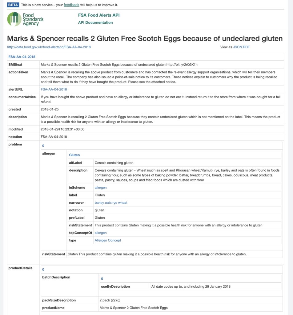 Screenshot of the FSA Food Alert API Documentation with an example specific alert