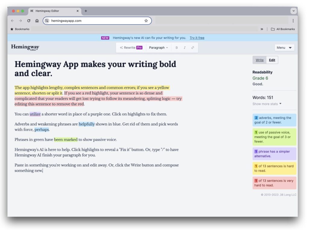 screenshot of the Hemmingway editor web app