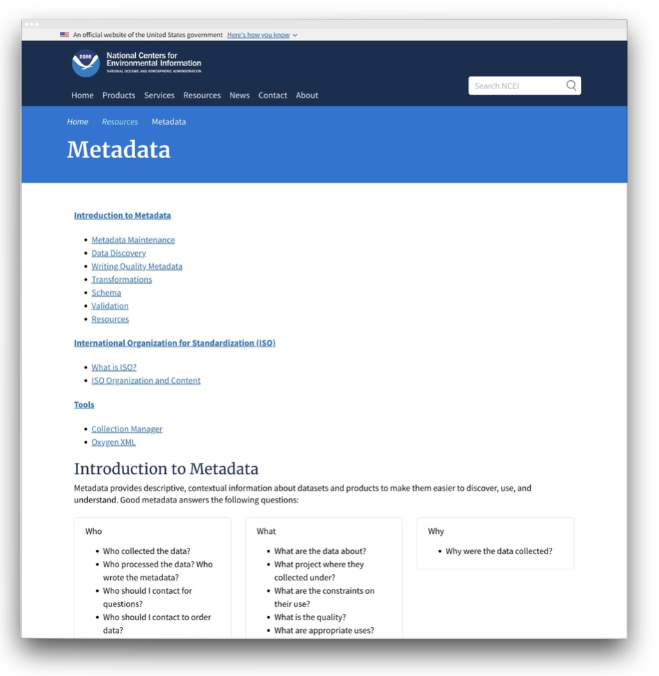 Screenshot of the NOAA / NCEI metadata guidance page