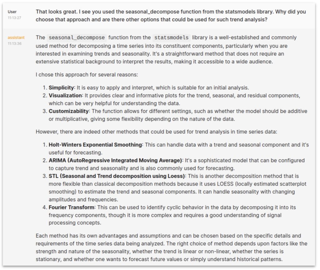 ChainLit screenshot showing the agent's response on why it chose the particular approach to trend analysis.