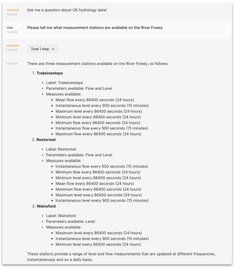 ChainLit screenshot showing response to "Please tell me what measurement stations are available on the River Fowey"