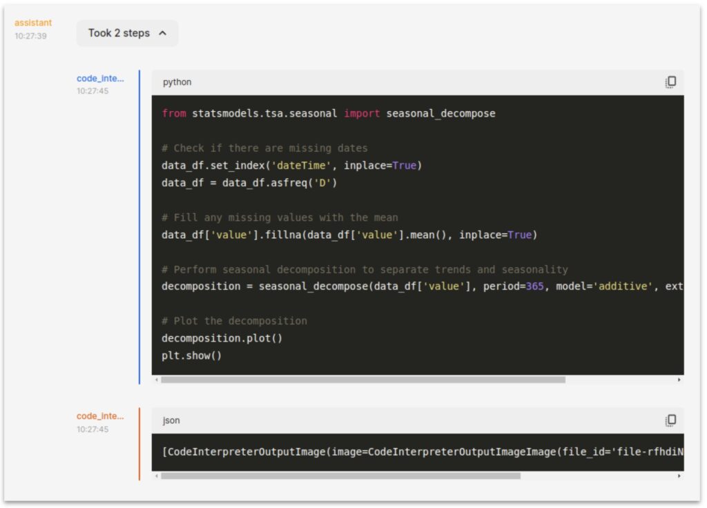 screenshot of python code generated by the agent to perform the seasonal analysis.