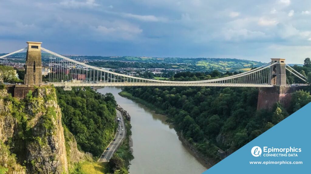 Photo looking over the River Avon and the Clifton suspension bridge in Bristol with a decorative accented bright blue triangle in the bottom right with the Epimorphics connecting data logo and www.epimorphics.com link in white.