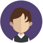 deep purple circle with a stylised headshot of a person with dark hair