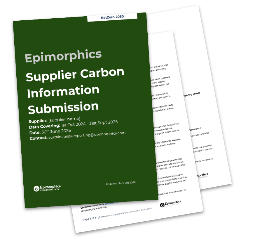Preview of the Epimorphics "Supplier Carbon Information Submission" pack, showing the cover and sample internal pages. The document provides guidance and questionnaires for suppliers to submit carbon emissions information, supporting more accurate supplier-specific Scope 3 greenhouse gas reporting.